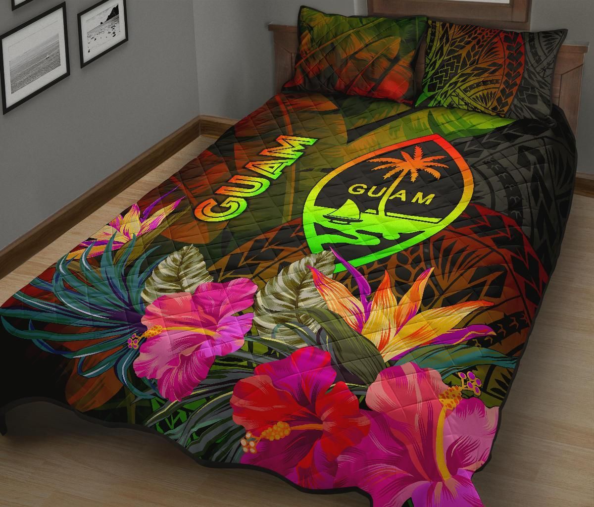 Guam Polynesian Quilt Bed Set - Hibiscus and Banana Leaves