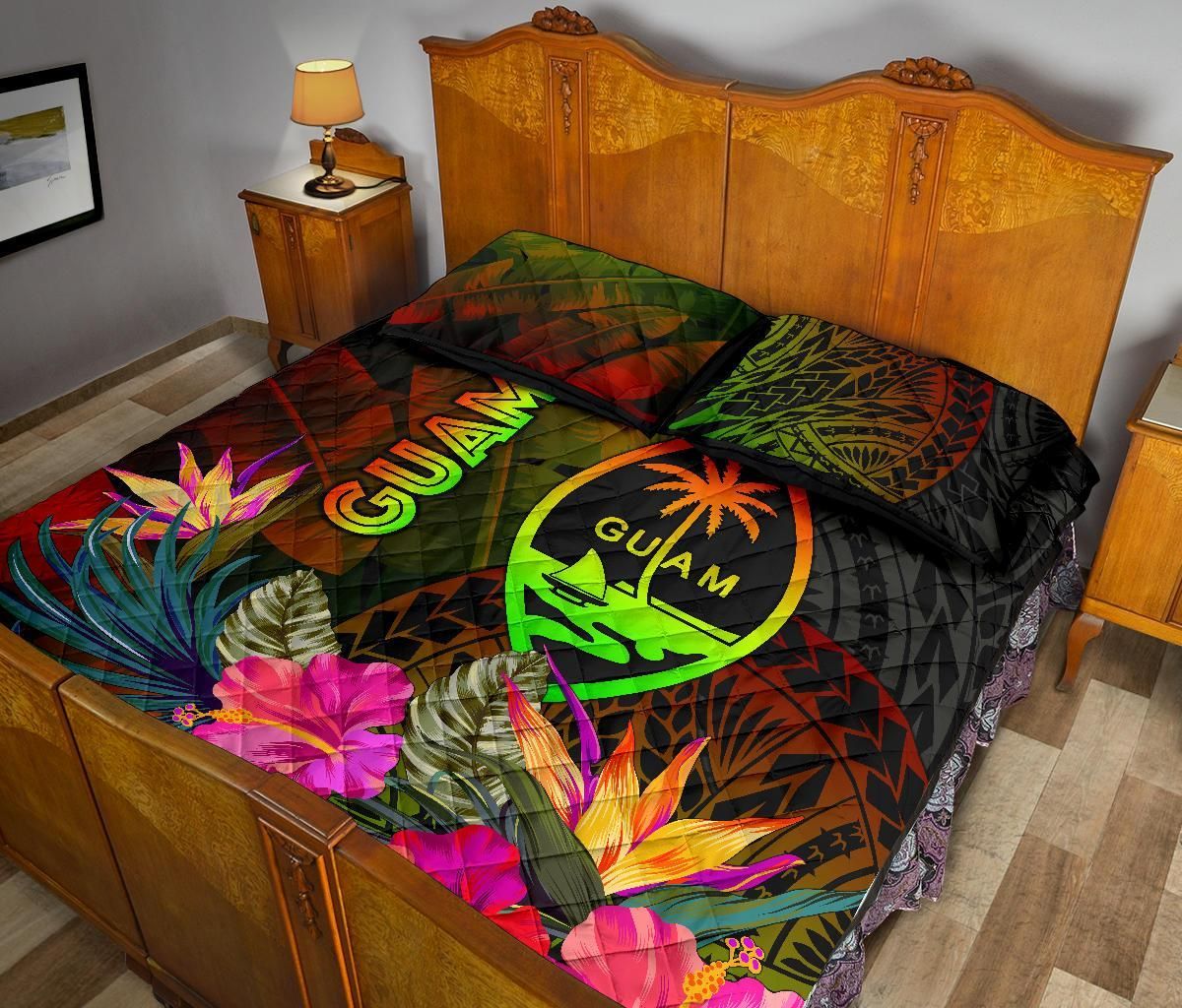 Guam Polynesian Quilt Bed Set - Hibiscus and Banana Leaves