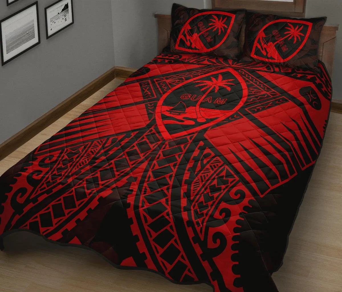 Guam Polynesian Quilt Bed Set - Red Guam Coat Of Arms Polynesian Tattoo