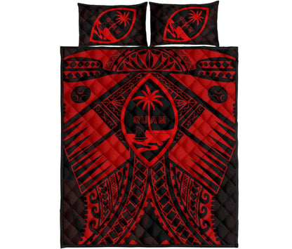 Guam Polynesian Quilt Bed Set - Red Guam Coat Of Arms Polynesian Tattoo