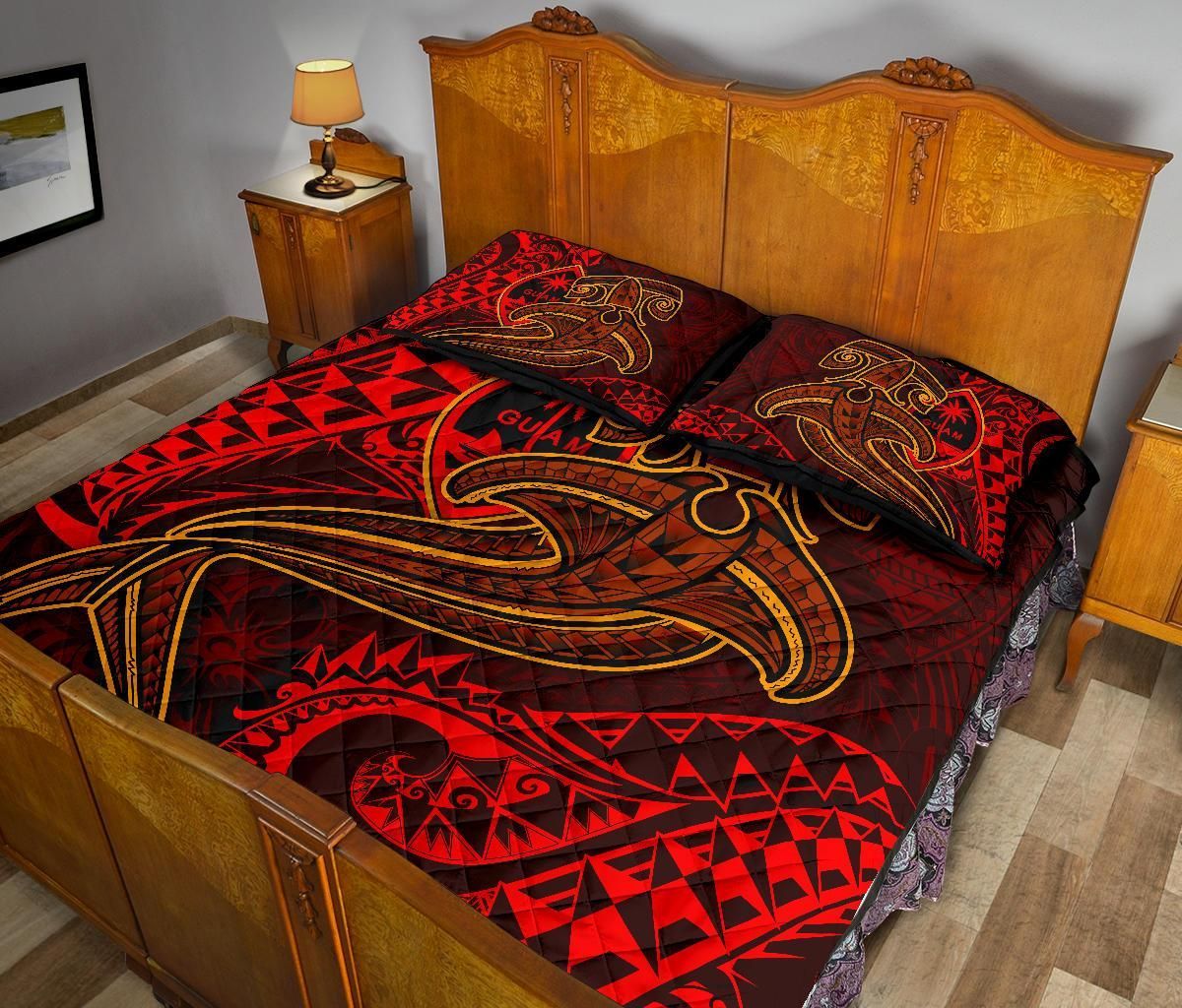 Guam Polynesian Quilt Bed Set - Red Shark Polynesian Tattoo