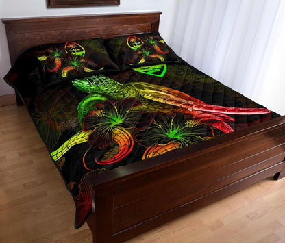 Guam Polynesian Quilt Bed Set - Turtle With Blooming Hibiscus Reggae