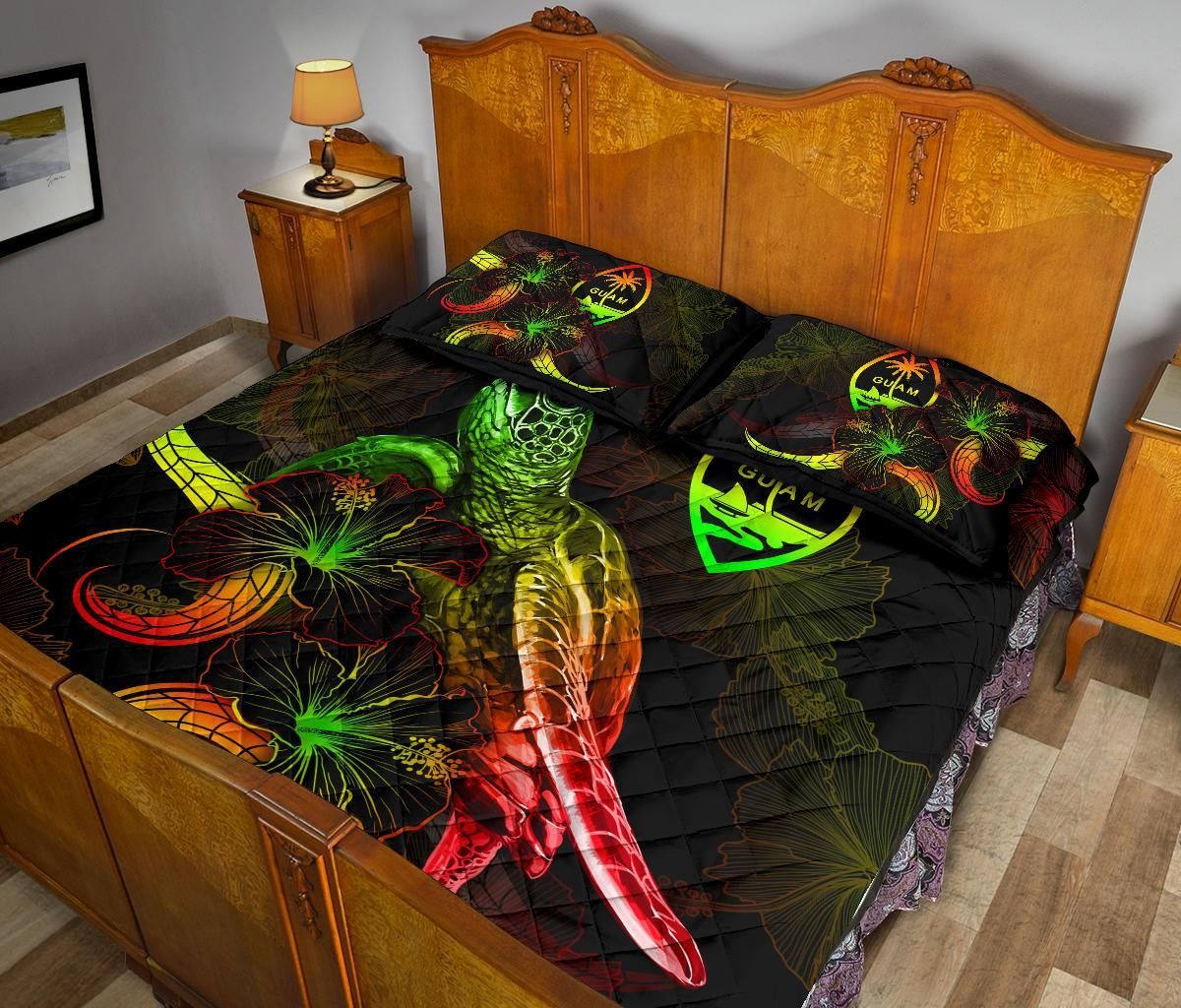 Guam Polynesian Quilt Bed Set - Turtle With Blooming Hibiscus Reggae