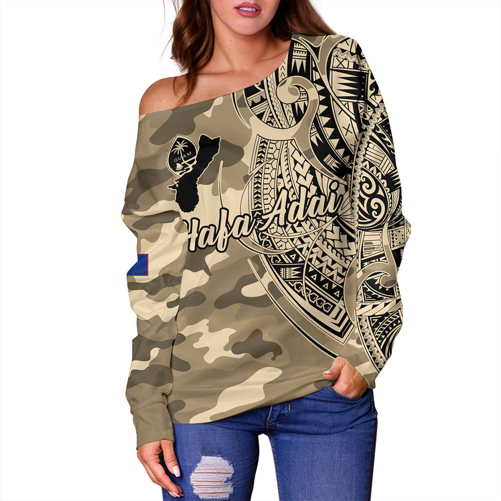 Guam Off Shoulder Sweatshirt Hafa Adai Tribal Tattoo With Camouflage Pattern