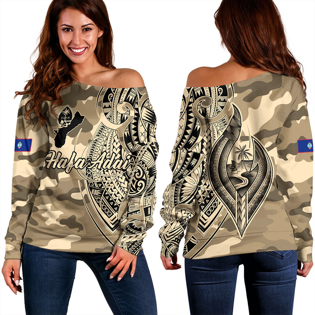 Guam Off Shoulder Sweatshirt Hafa Adai Tribal Tattoo With Camouflage Pattern