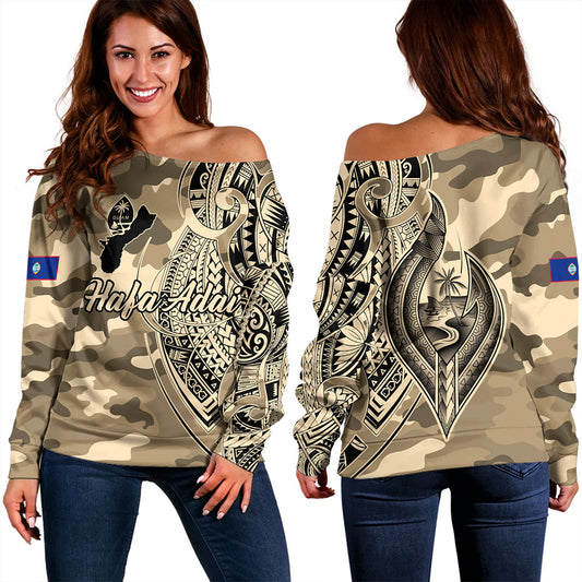 Guam Off Shoulder Sweatshirt Hafa Adai Tribal Tattoo With Camouflage Pattern