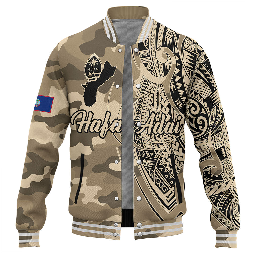 Guam Baseball Jacket Hafa Adai Tribal Tattoo With Camouflage Pattern