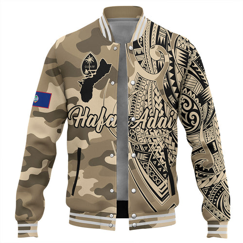 Guam Baseball Jacket Hafa Adai Tribal Tattoo With Camouflage Pattern