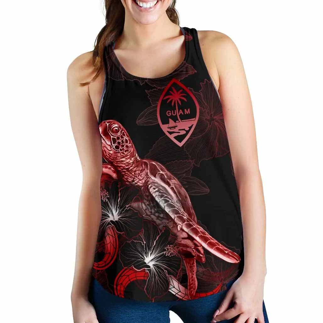 Guam Polynesian Women Tank Top - Turtle With Blooming Hibiscus Red