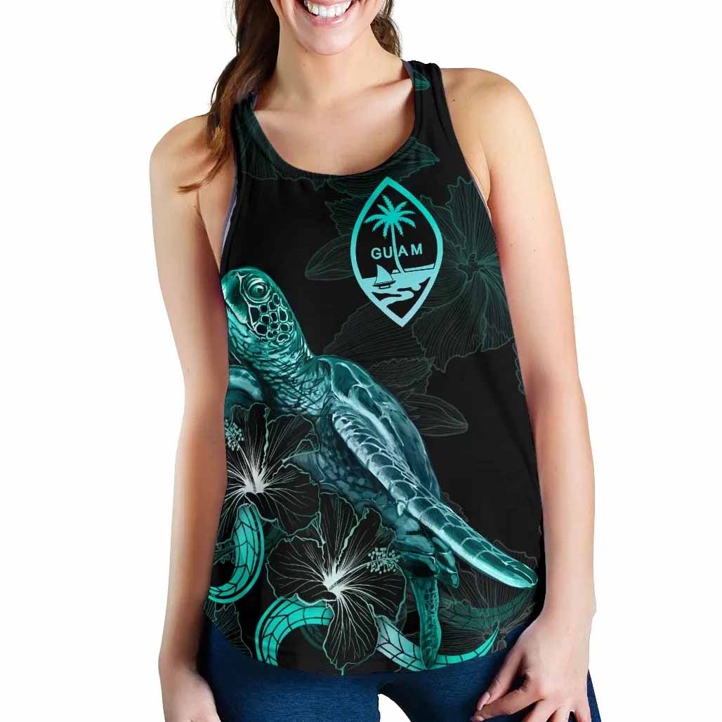 Guam Polynesian Women Tank Top - Turtle With Blooming Hibiscus Turquoise