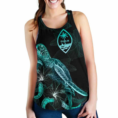Guam Polynesian Women Tank Top - Turtle With Blooming Hibiscus Turquoise