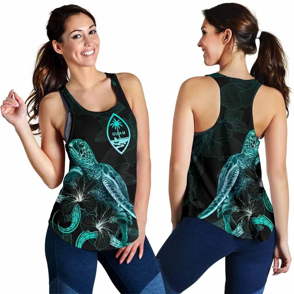 Guam Polynesian Women Tank Top - Turtle With Blooming Hibiscus Turquoise