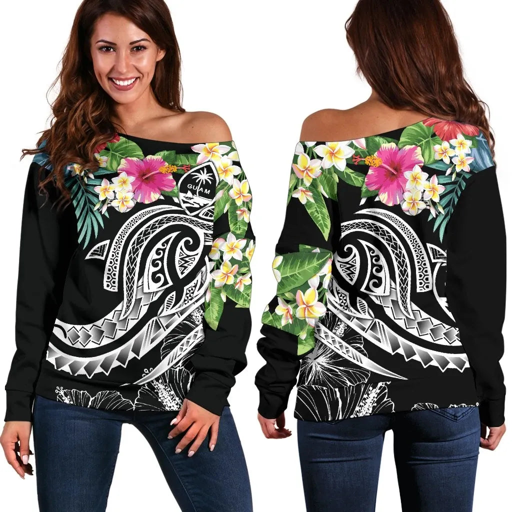 Guam Polynesian Women Off Shoulder Sweater - Summer Plumeria (Black)