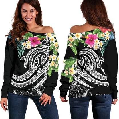 Guam Polynesian Women Off Shoulder Sweater - Summer Plumeria (Black)