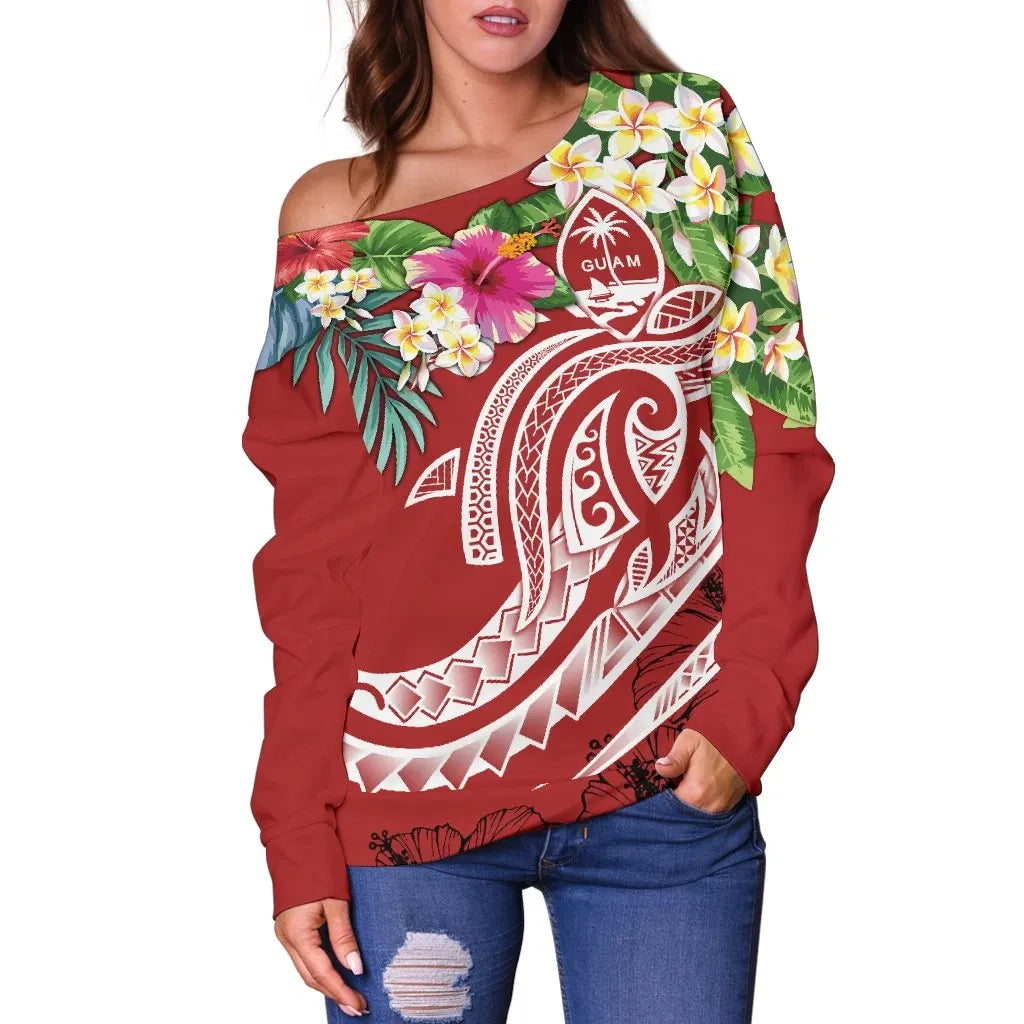 Guam Polynesian Women Off Shoulder Sweater - Summer Plumeria (Black)