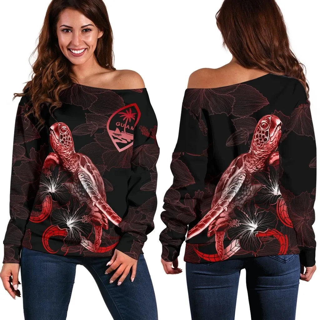 Guam Polynesian Women Off Shoulder Sweater - Turtle With Blooming Hibiscus Red