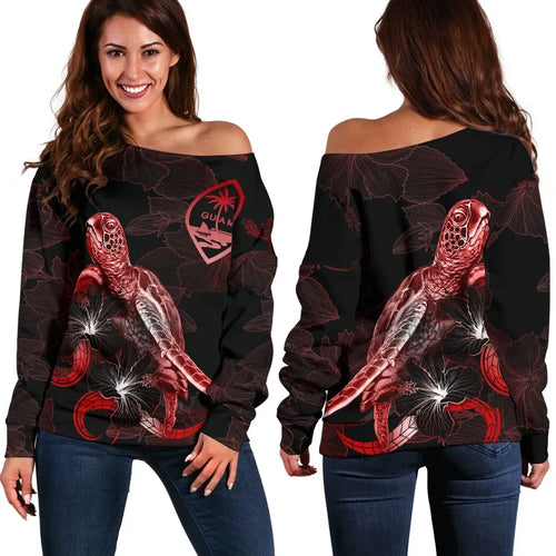 Guam Polynesian Women Off Shoulder Sweater - Turtle With Blooming Hibiscus Red