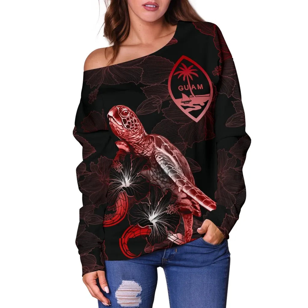 Guam Polynesian Women Off Shoulder Sweater - Turtle With Blooming Hibiscus Red