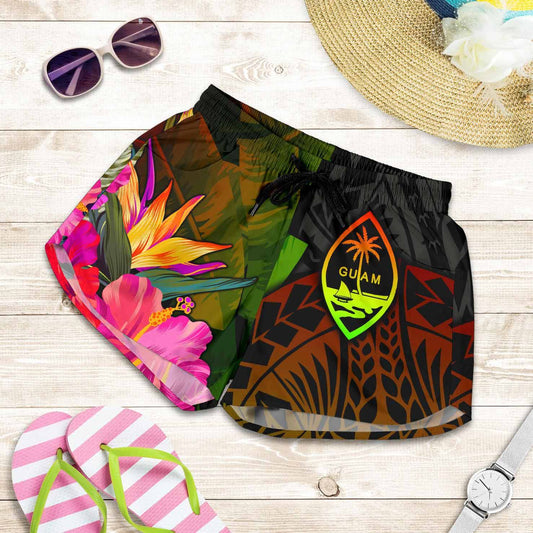 Guam Polynesian Women Shorts - Hibiscus and Banana Leaves