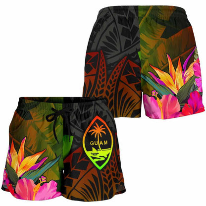 Guam Polynesian Women Shorts - Hibiscus and Banana Leaves