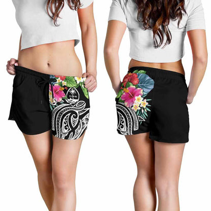Guam Polynesian Women Shorts - Summer Plumeria (Black)