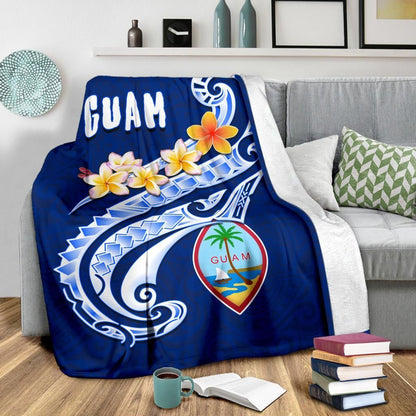 Guam Premium Blanket - Guam Seal Polynesian Patterns Plumeria (Blue)