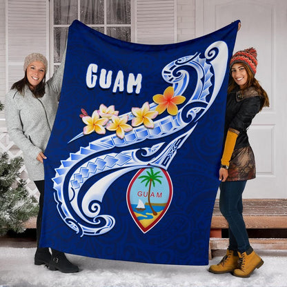 Guam Premium Blanket - Guam Seal Polynesian Patterns Plumeria (Blue)