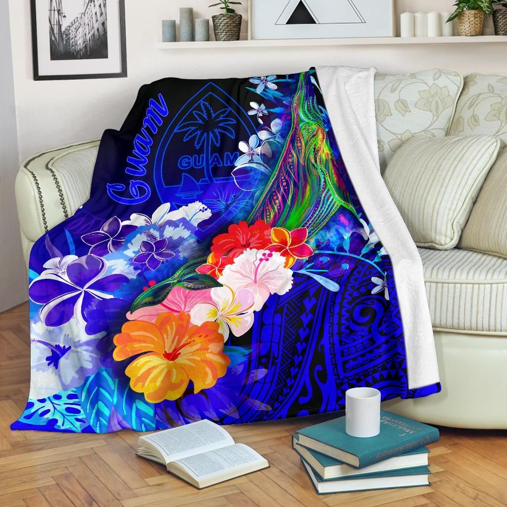 Guam Premium Blanket - Humpback Whale with Tropical Flowers (Blue)