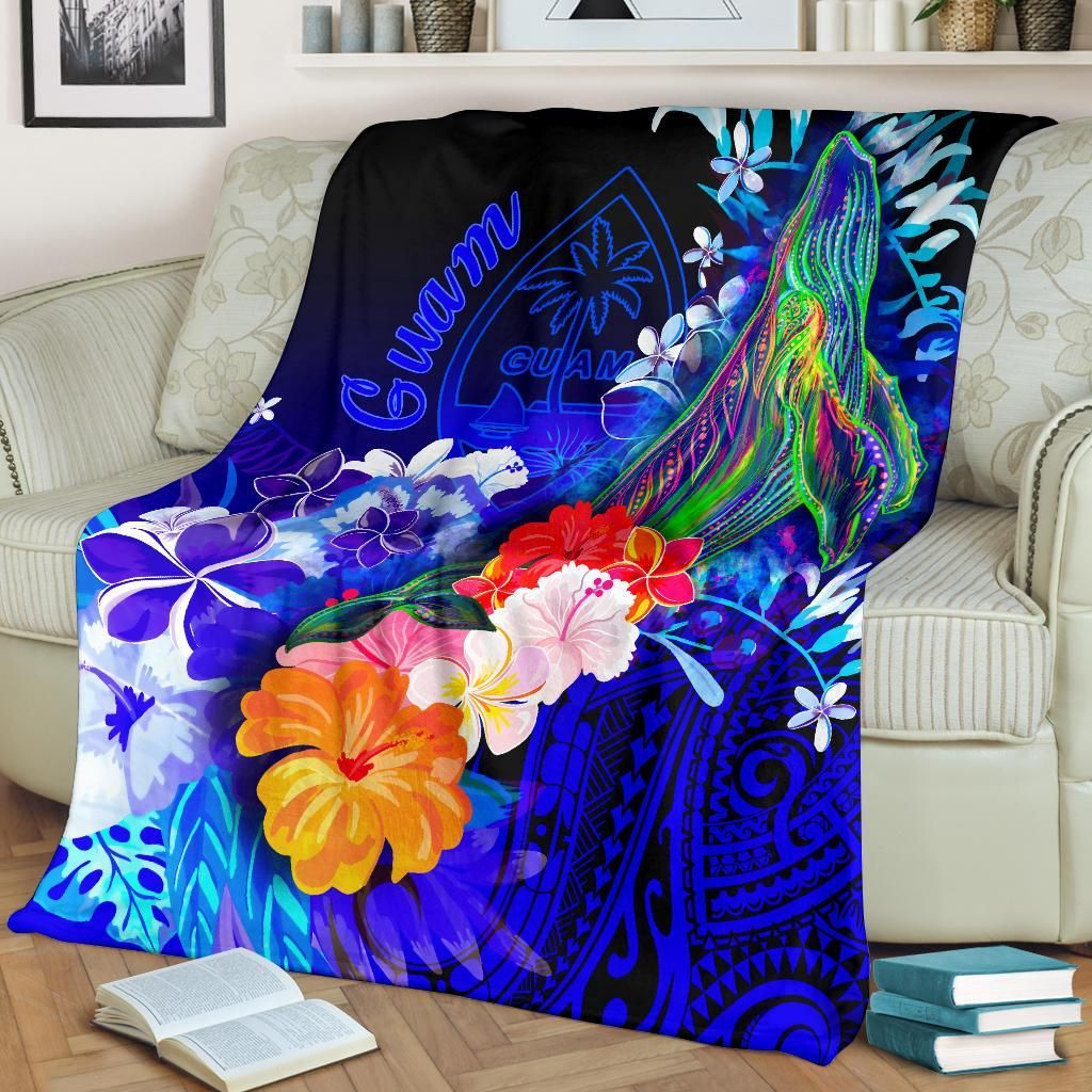 Guam Premium Blanket - Humpback Whale with Tropical Flowers (Blue)