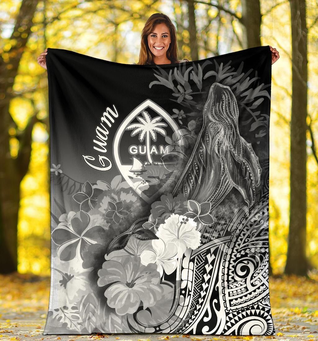 Guam Premium Blanket - Humpback Whale with Tropical Flowers (White)