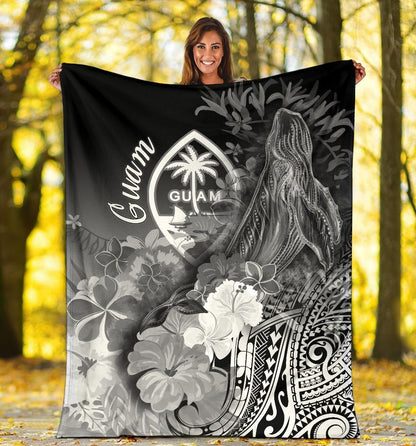 Guam Premium Blanket - Humpback Whale with Tropical Flowers (White)
