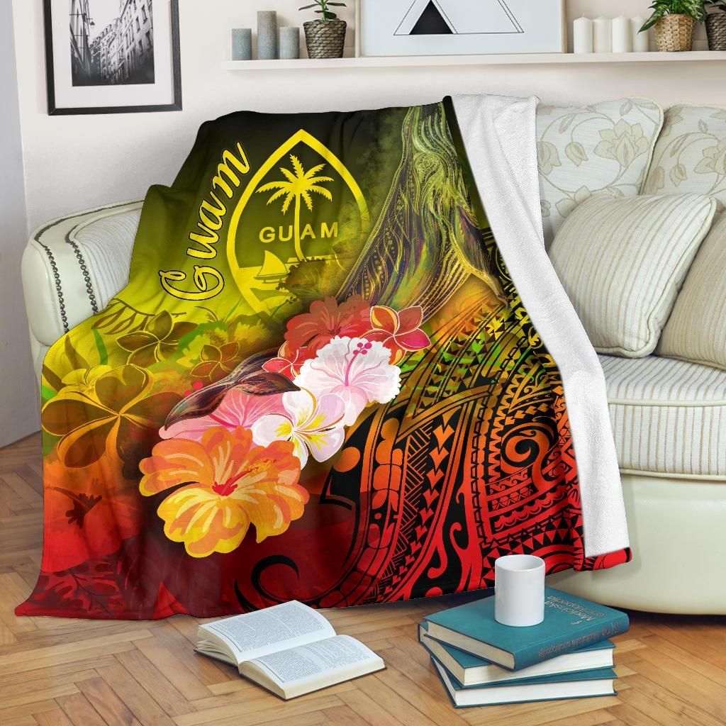 Guam Premium Blanket - Humpback Whale with Tropical Flowers (Yellow)
