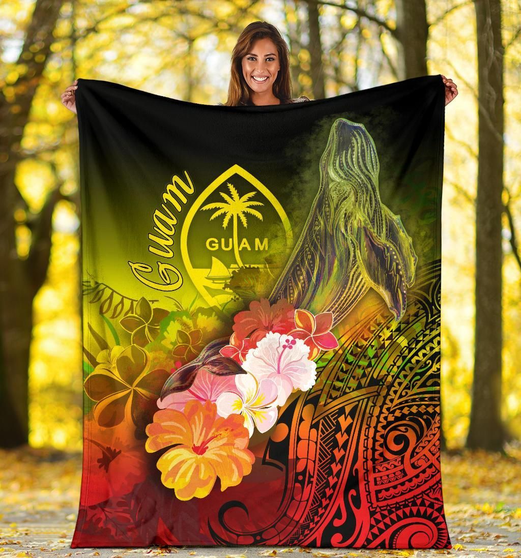 Guam Premium Blanket - Humpback Whale with Tropical Flowers (Yellow)