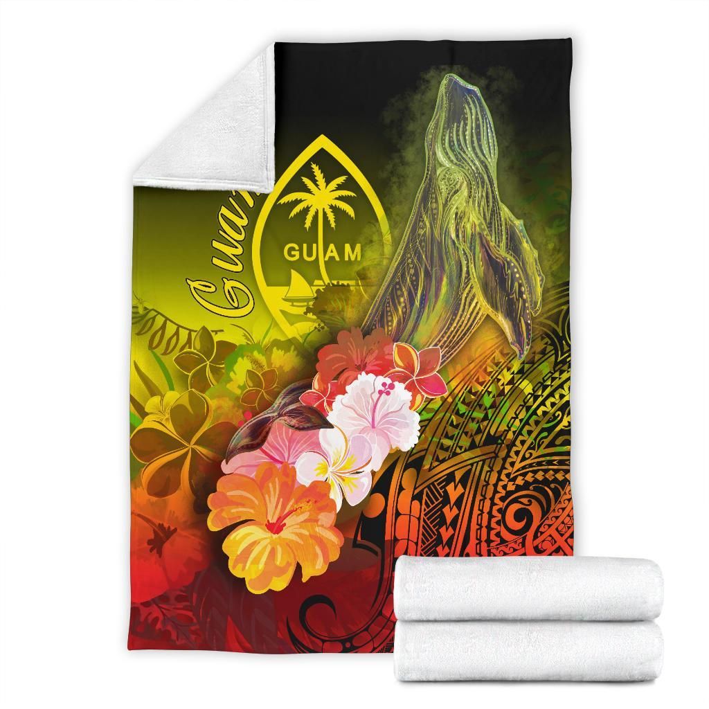 Guam Premium Blanket - Humpback Whale with Tropical Flowers (Yellow)