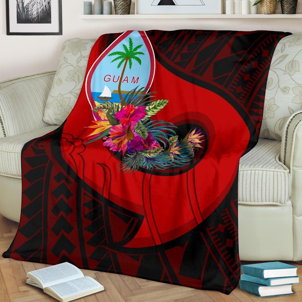 Guam Premium Blanket - Polynesian Hook And Hibiscus (Red)