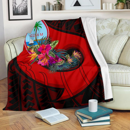 Guam Premium Blanket - Polynesian Hook And Hibiscus (Red)