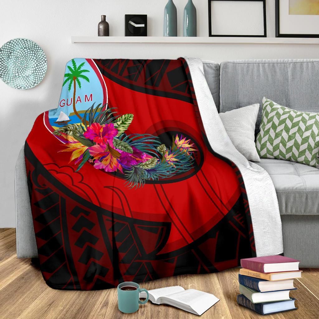 Guam Premium Blanket - Polynesian Hook And Hibiscus (Red)