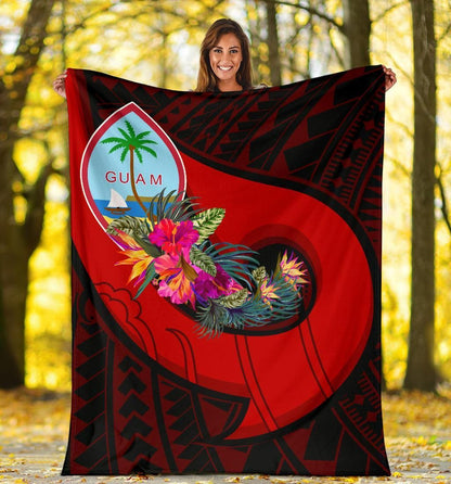 Guam Premium Blanket - Polynesian Hook And Hibiscus (Red)