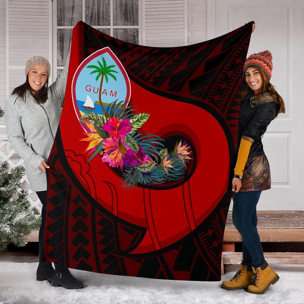 Guam Premium Blanket - Polynesian Hook And Hibiscus (Red)