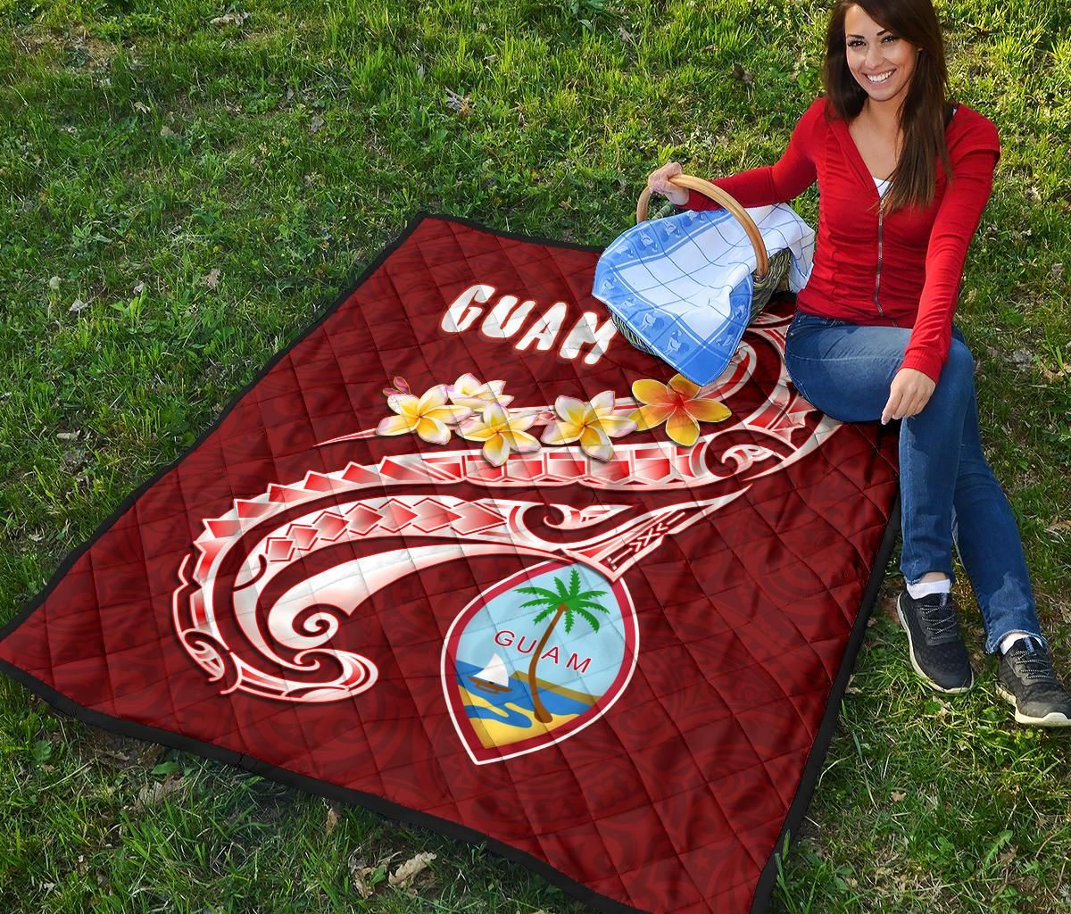 Guam Premium Quilt - Guam Seal Polynesian Patterns Plumeria (Red)