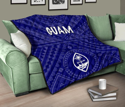 Guam Premium Quilt  - Guam Seal With Polynesian Tattoo Style (Blue)