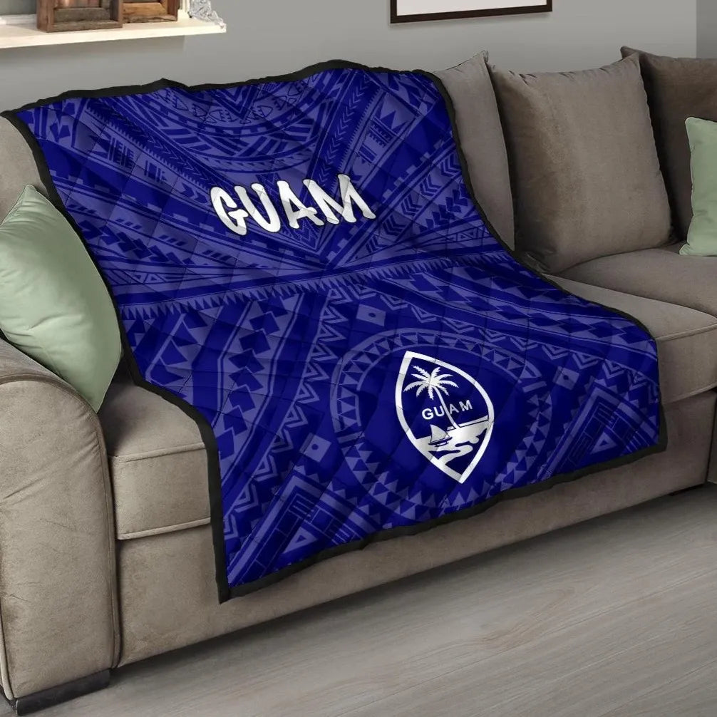 Guam Premium Quilt  - Guam Seal With Polynesian Tattoo Style (Blue)