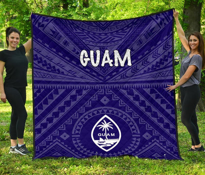 Guam Premium Quilt  - Guam Seal With Polynesian Tattoo Style (Blue)
