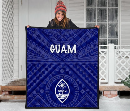 Guam Premium Quilt  - Guam Seal With Polynesian Tattoo Style (Blue)
