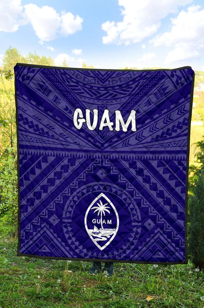 Guam Premium Quilt  - Guam Seal With Polynesian Tattoo Style (Blue)