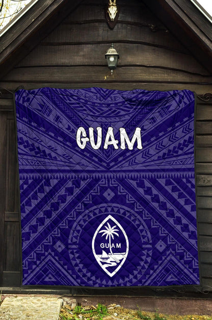 Guam Premium Quilt  - Guam Seal With Polynesian Tattoo Style (Blue)