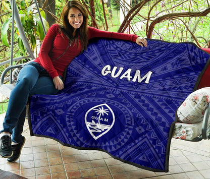 Guam Premium Quilt  - Guam Seal With Polynesian Tattoo Style (Blue)
