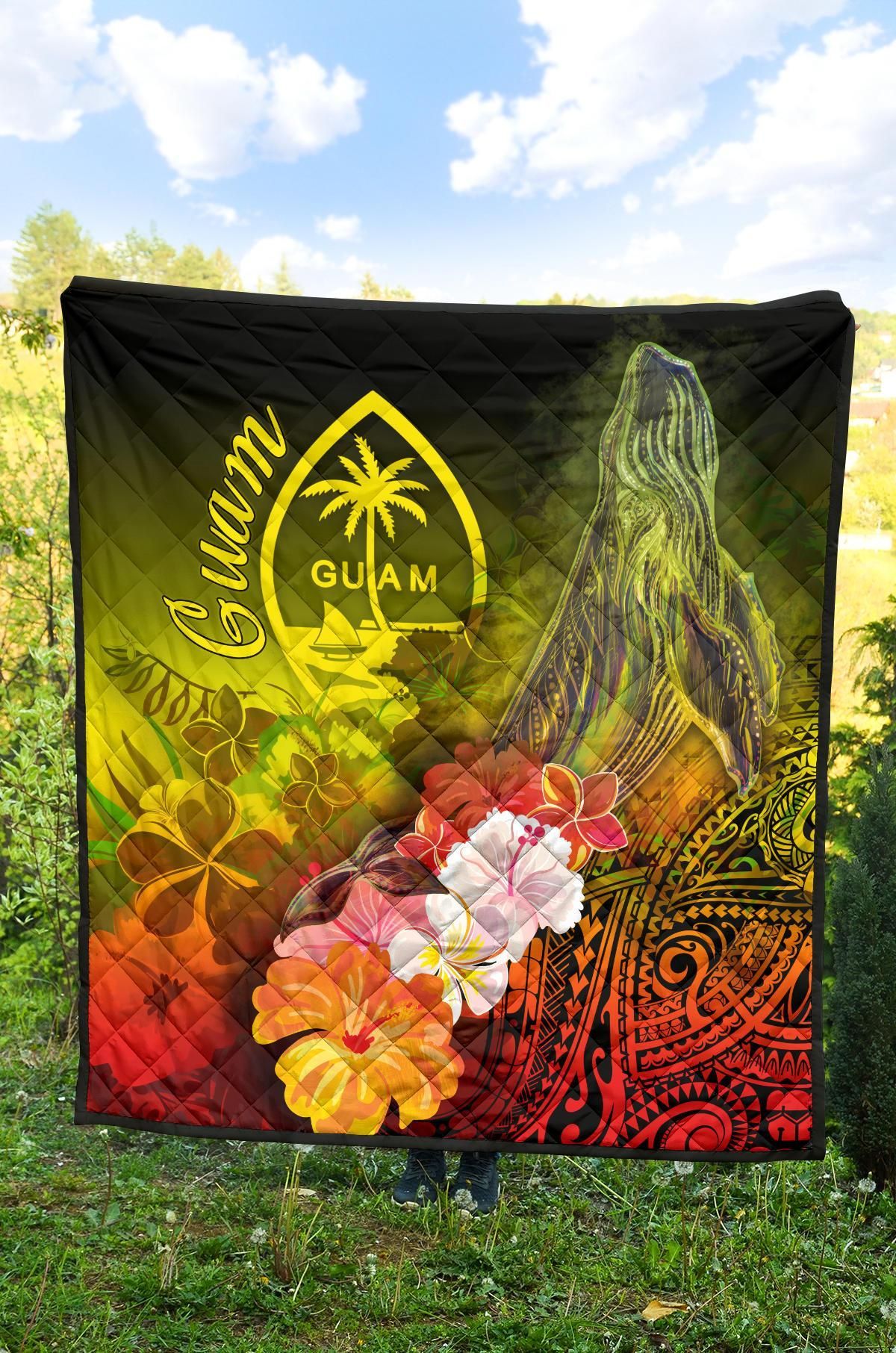 Guam Premium Quilt - Humpback Whale with Tropical Flowers (Yellow)