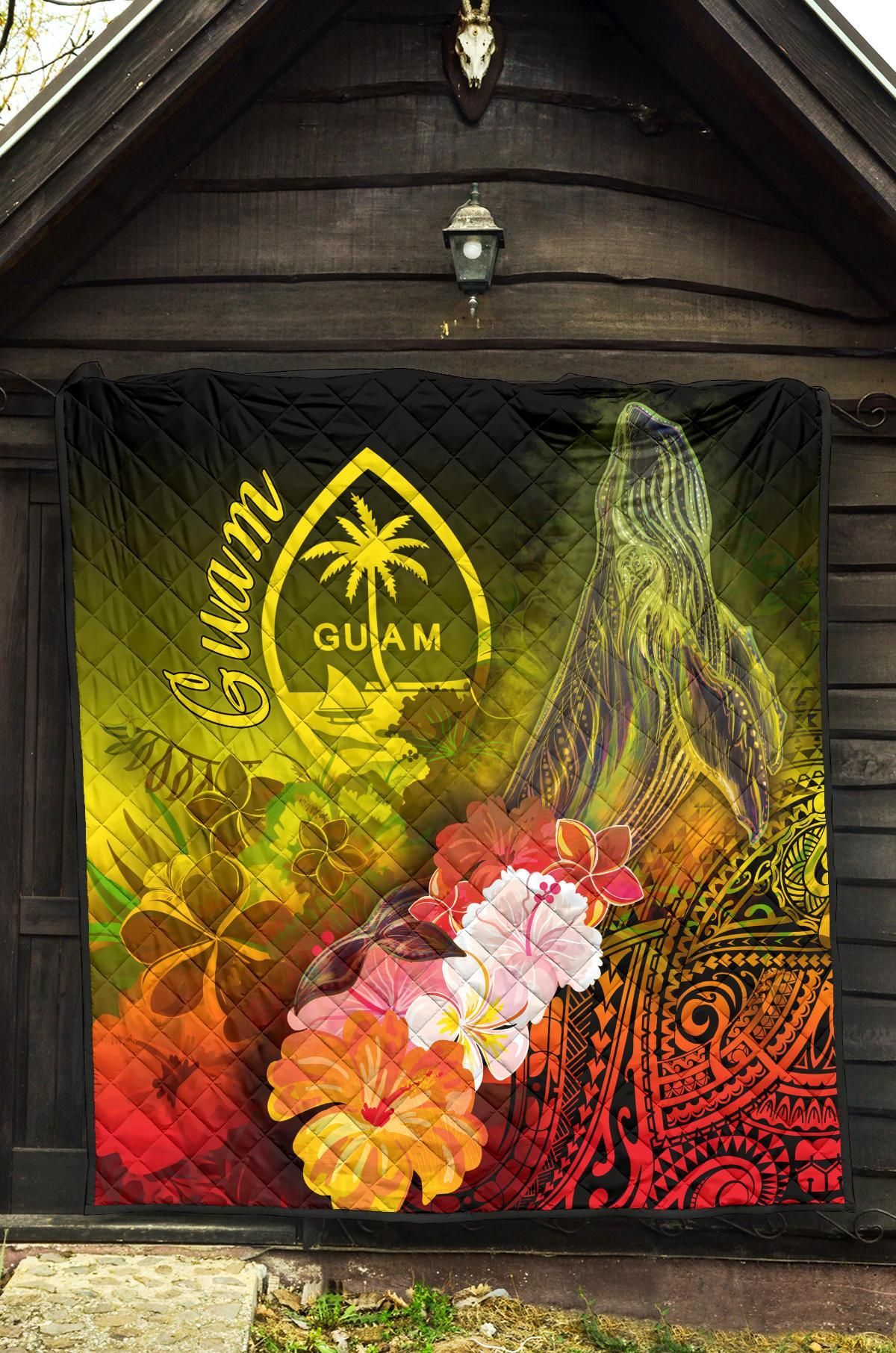 Guam Premium Quilt - Humpback Whale with Tropical Flowers (Yellow)