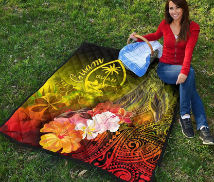 Guam Premium Quilt - Humpback Whale with Tropical Flowers (Yellow)